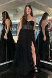 Lace Tulle Strapless Black Prom Dress with High Slit