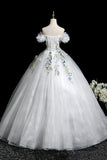 A-Line Off the Shoulder Floral White Off The Prom Dress