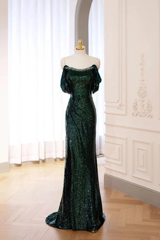 Beading Mermaid Off the Shoulder Green Sequins Prom Dress