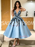 Halter Cut Out Appliques Light Blue Satin Homecoming Dress