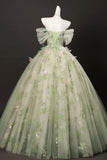 A Line Green Floral Tulle Off The Shoulder Prom Dress
