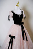 Tulle Beading Black Velvet A Line Pink Prom Dress