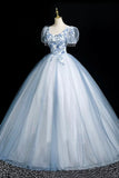 Short Sleeve A Line Appliques Blue Tulle Prom Dress
