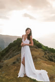 Chiffon Slit A Line Straps Backless Beach Wedding Dress