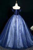 Blue Velvet Off The Shoulder Beading Tulle Prom Dress