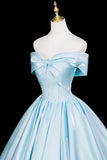 A-Line Backless Satin Button Blue Prom Dress