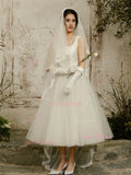 A Line Tulle Ankle Length Square Satin Wedding Dress
