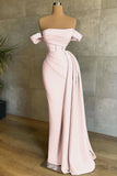 Off The Shoulder Satin Mermaid Champagne Draped Train Prom Dress