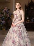 Floral Print A Line Backless High Neck Prom Dress