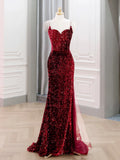 Spaghetti Straps Backless Mermaid Burgundy Sequin Prom Dress
