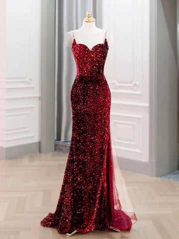 Spaghetti Straps Backless Mermaid Burgundy Sequin Prom Dress