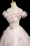 Pink Tulle Flower Off The Shoulder Appliques Prom Dress