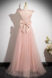 Tulle Scoop A Line Bow Pink Satin Prom Dress