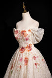 Champagne Floral Sequins A Line Off the Shoulder Prom Dress