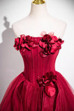 Strapless Layer Tulle Layer Flower Burgundy Prom Dress