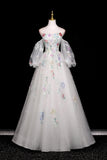 Tulle Sequins Long White Floral A Line Prom Dress