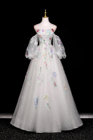 Tulle Sequins Long White Floral A Line Prom Dress