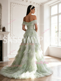 Tulle Sequin Off The Shoulder Light Green A Line Prom Dress