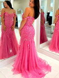 Off The Shoulder Mermaid Pink Lace Appliques Prom Dress