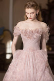 Floral Pink Tulle Off The Shoulder Prom Dress