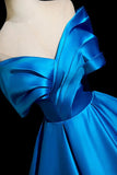 Satin Off The Shoulder Blue A Line Ruched Prom Dress