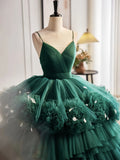 Open Back V Neck Ball Gown Green Prom Dress With Feather