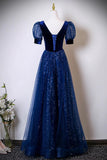 Blue Velvet & Tulle Sequins A Line Prom Dress