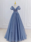 Tulle V Neck Short Sleeve Blue Sparkle Prom Dress With Bow