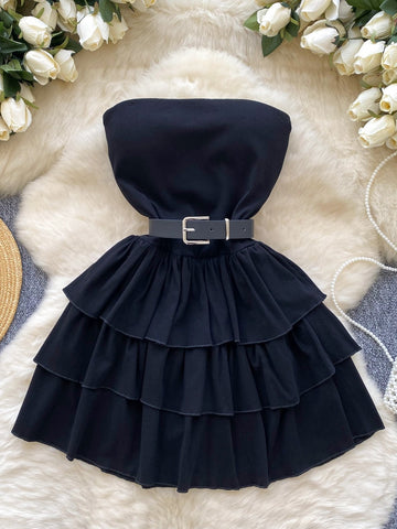 Belt Ruffles Black Strapless Short Mini Dress