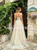 V Neck Champagne Flowers Tulle A Line Prom Dress