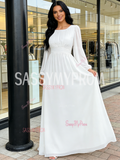 Chiffon Long Sleeve Scoop A Line White Prom Dress