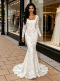 Lace Trumpet Mermaid White Boat Long Sleeve Wedding Dress