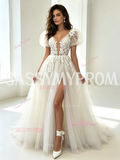 Tulle Lace A Line Puffy Sleeve Wedding Dress With Slit