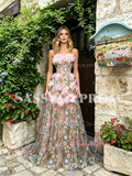Sweetheart Pink Flower Print A Line Prom Dress