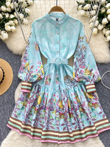 Belt Puffy Sleeves Floral Button-Down Dress