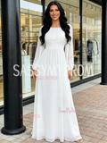 Chiffon Long Sleeve Scoop A Line White Prom Dress