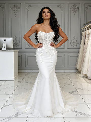 Tulle Sheer Trumpet Mermaid Sweetheart Flowers Wedding Dress