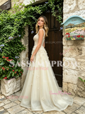 V Neck Champagne Flowers Tulle A Line Prom Dress