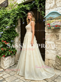 V Neck Champagne Flowers Tulle A Line Prom Dress
