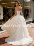 Lace Strapless A Line Bow Simple Wedding Dress