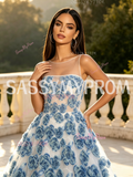 Scoop Sheer Tulle A Line 3D Rose Flower Prom Dress