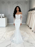 Tulle Trumpet Mermaid Lace Off The Shoulder Long Sleeve Wedding Dress