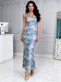 Straps Ankle Length Sheath Column Blue Lace Square Prom Dress