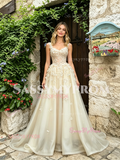 V Neck Champagne Flowers Tulle A Line Prom Dress