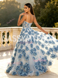 Scoop Sheer Tulle A Line 3D Rose Flower Prom Dress