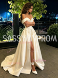 A Line Off The Shoulder Satin Wedding Dress With Pockets