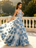 Scoop Sheer Tulle A Line 3D Rose Flower Prom Dress