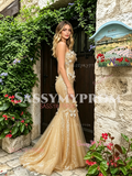 Sweetheart Gold Butterfly Sequin Trumpet Mermaid Prom Dress