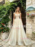 V Neck Champagne Flowers Tulle A Line Prom Dress