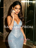 Trumpet Mermaid Beading Blue Spaghetti Straps Tulle Prom Dress